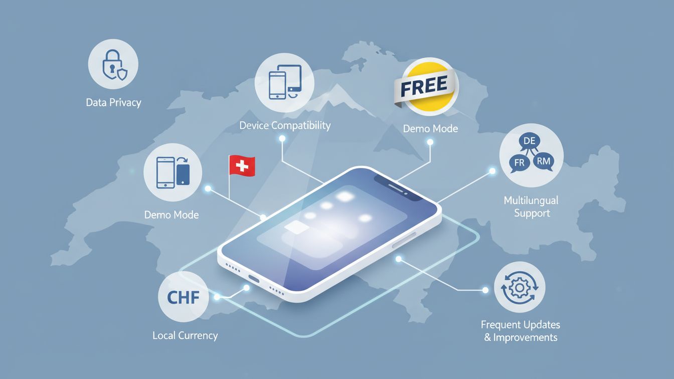 Infografik mit wichtigsten App Vorteilen wie Mehrsprachigkeit Kompatibilität und CHF